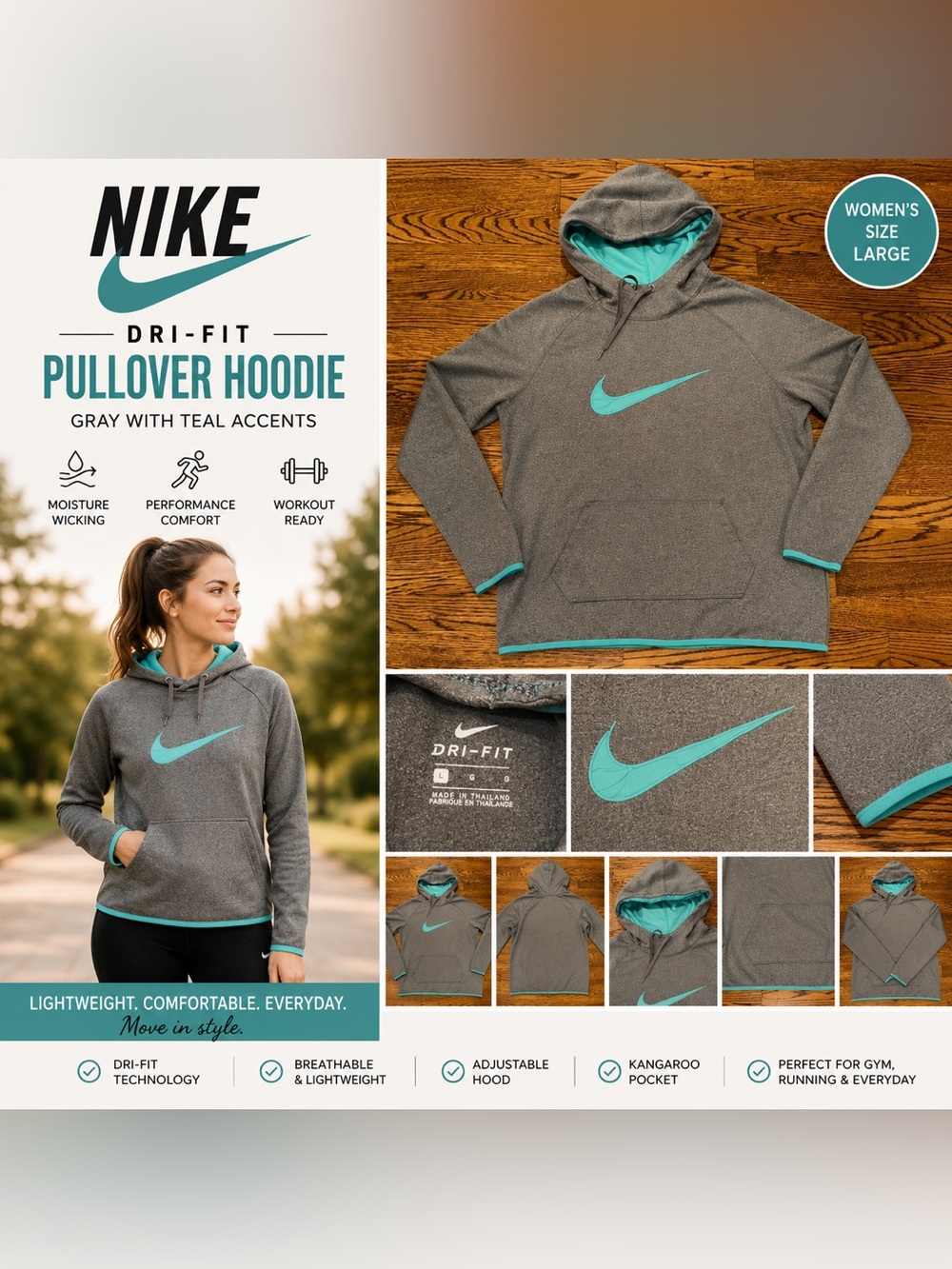 Nike Dri-FIT Gray Pullover Hoodie Size Large Teal Swoosh Athletic Sweatshirt